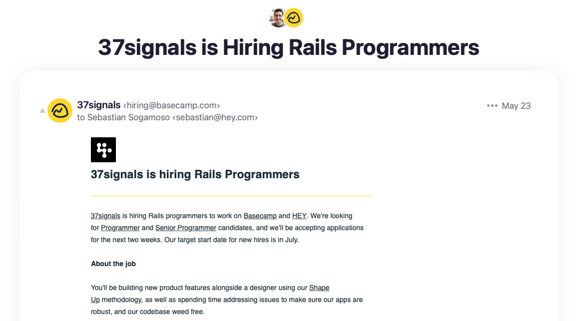 Email message with job description